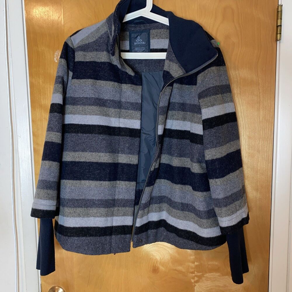Prana Lily Wool Blend Funnel Neck Jacket Coat Gray Navy Striped Women's L